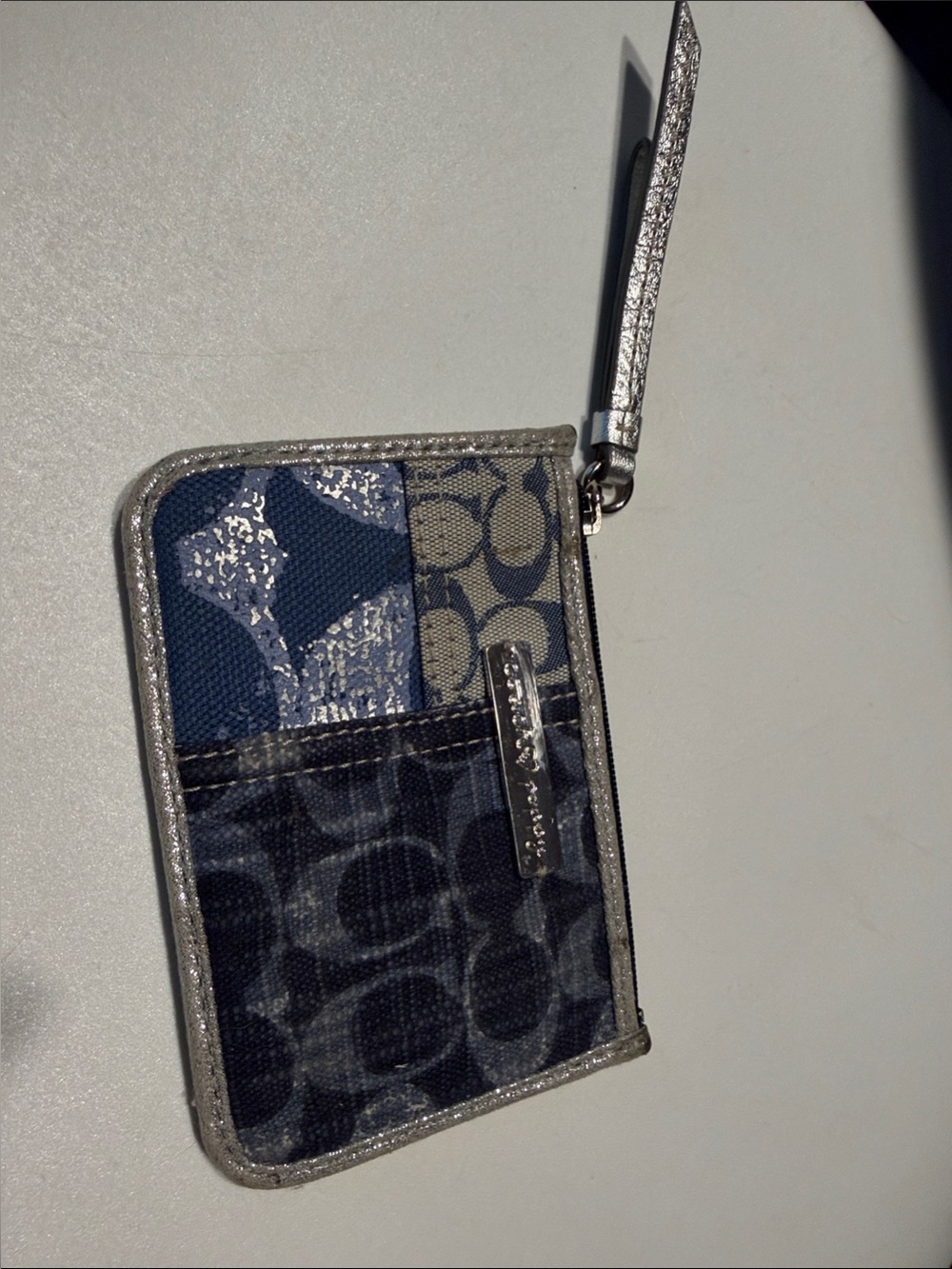 Coach Poppy Patchwork Signature Zip Card Case in Blue with Silver